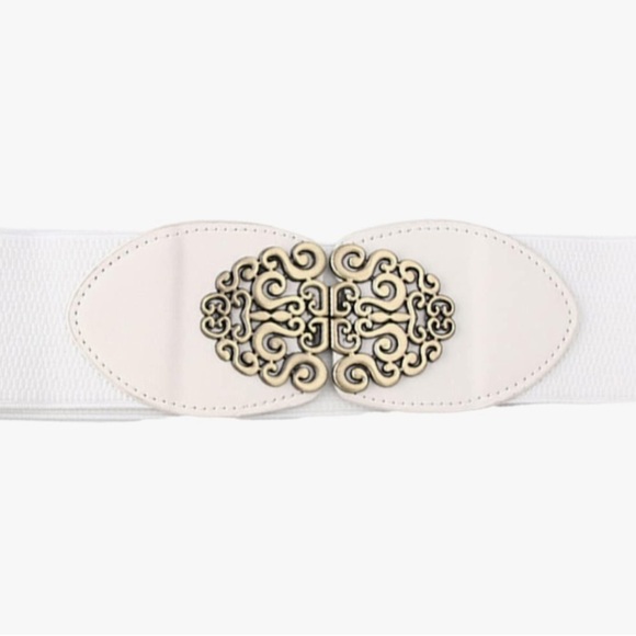 White Elastic Leather Gold Swirl Detail Buckle Wide Belt - Picture 1 of 5